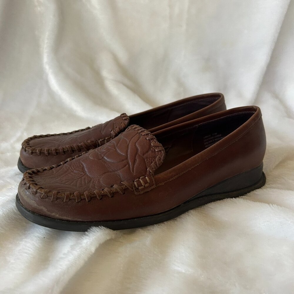 Markon Etched Leather‎ Driving Loafer Womens 7.5 Brown Comfort Boho Heritage